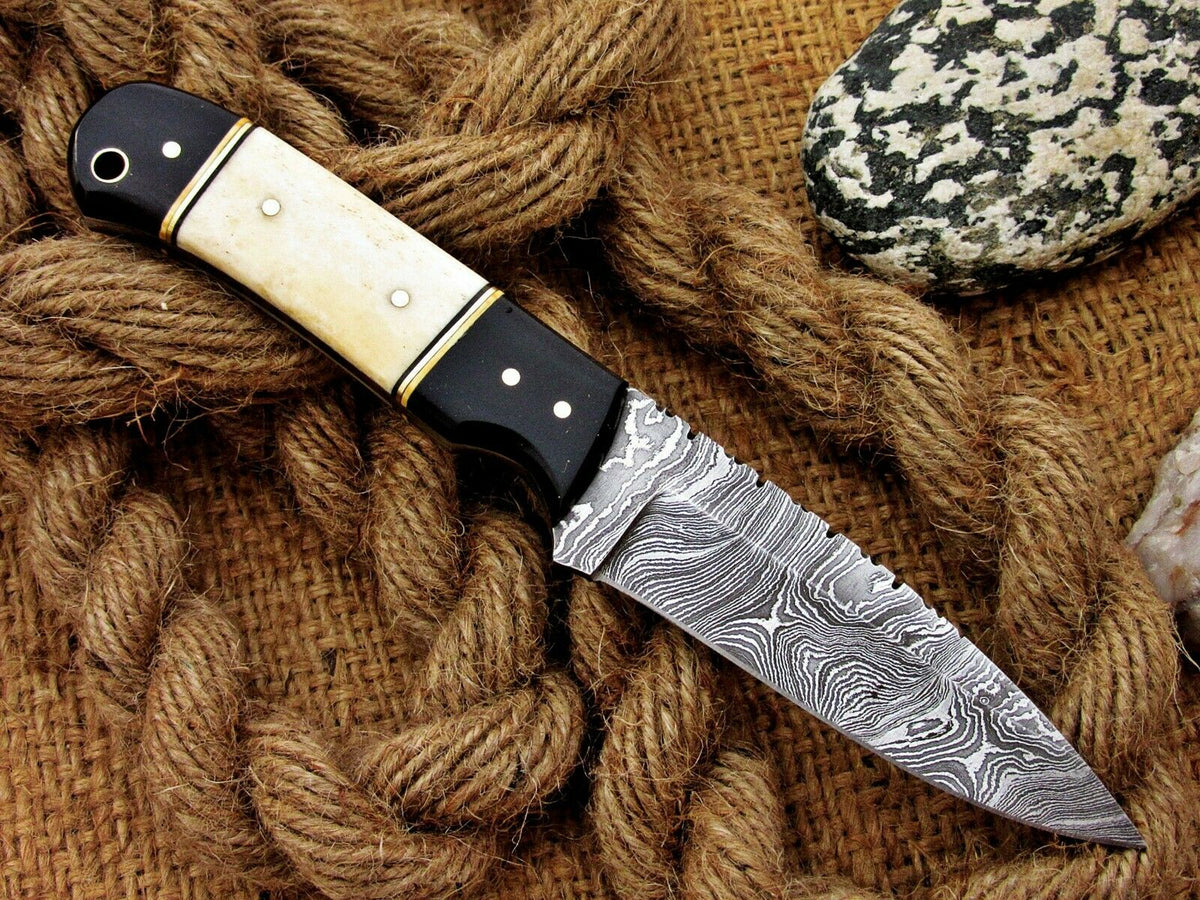 Handmade Damascus Steel Skinner Knife with Camel Bone Handle & Leather Sheath