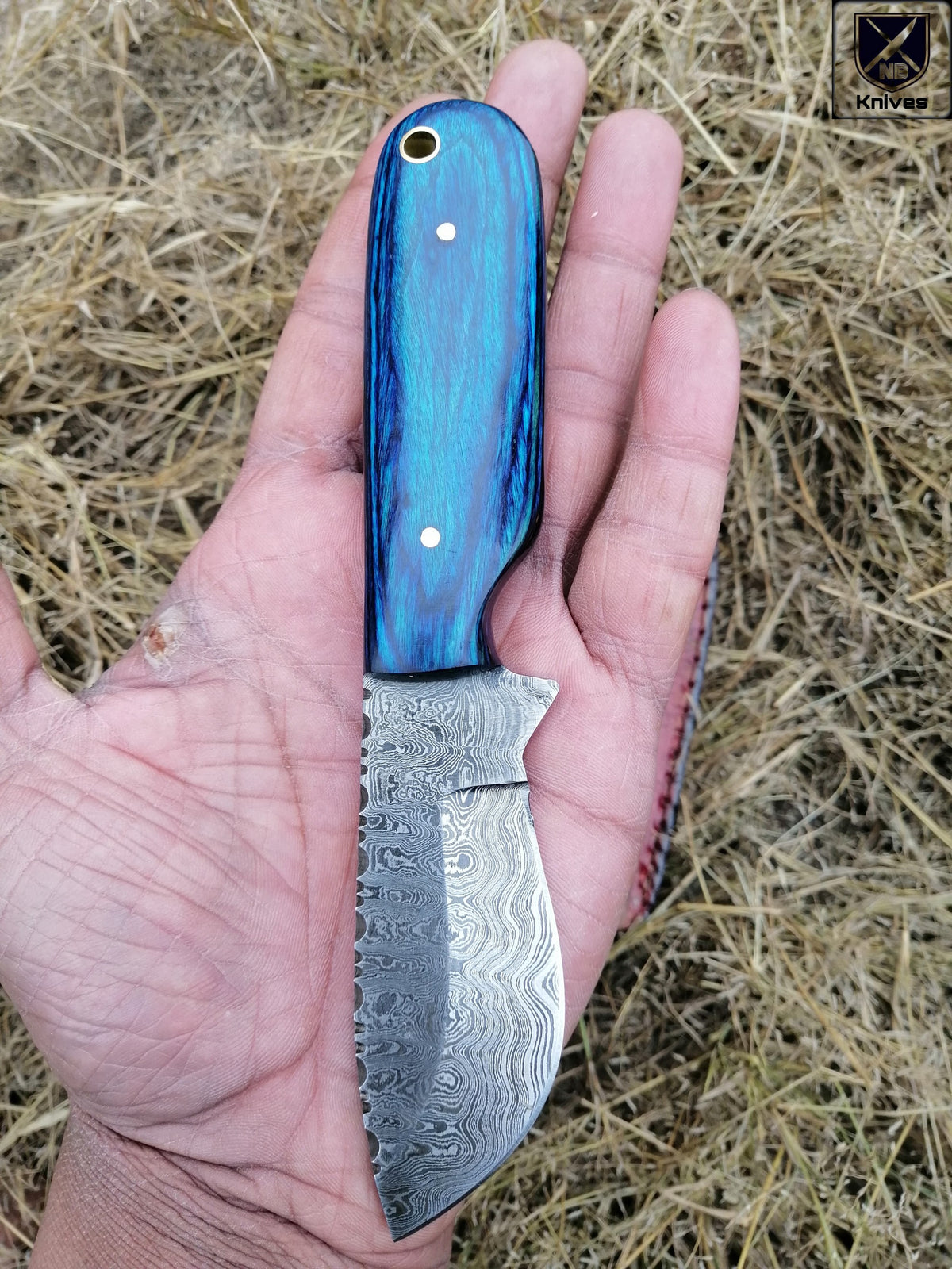 Handcrafted Skinner Knife with Damascus Steel Blade, Pakka Wood Handle & Leather Sheath