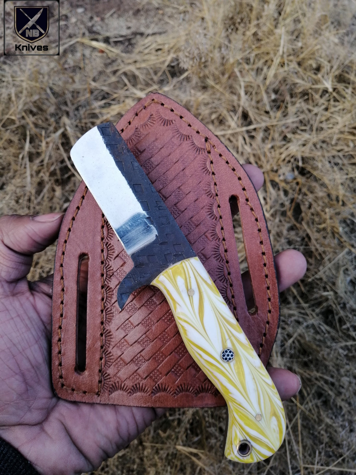 Handcrafted 1095 Steel Bull Cutter Knife with Sculpted Blade, Resin Handle & Brass Pins