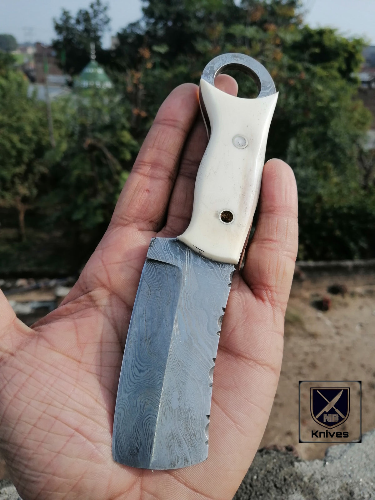 Handmade Damascus Steel Skinner Knife with Camel Bone Handle & Leather Sheath