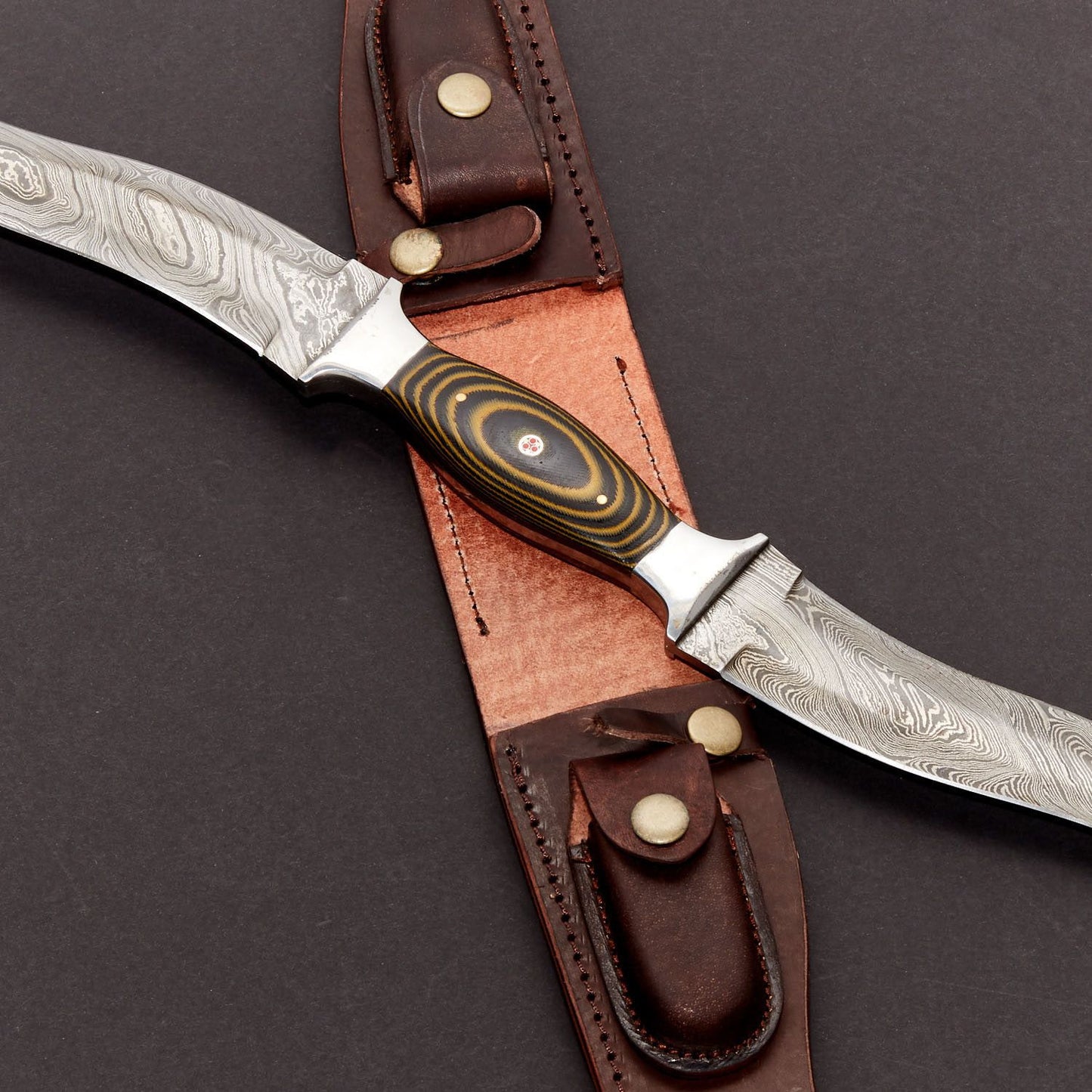 CUSTOM MADE DAMASCUS STEEL TWO WAY HUNTING KNIFE + POUCH