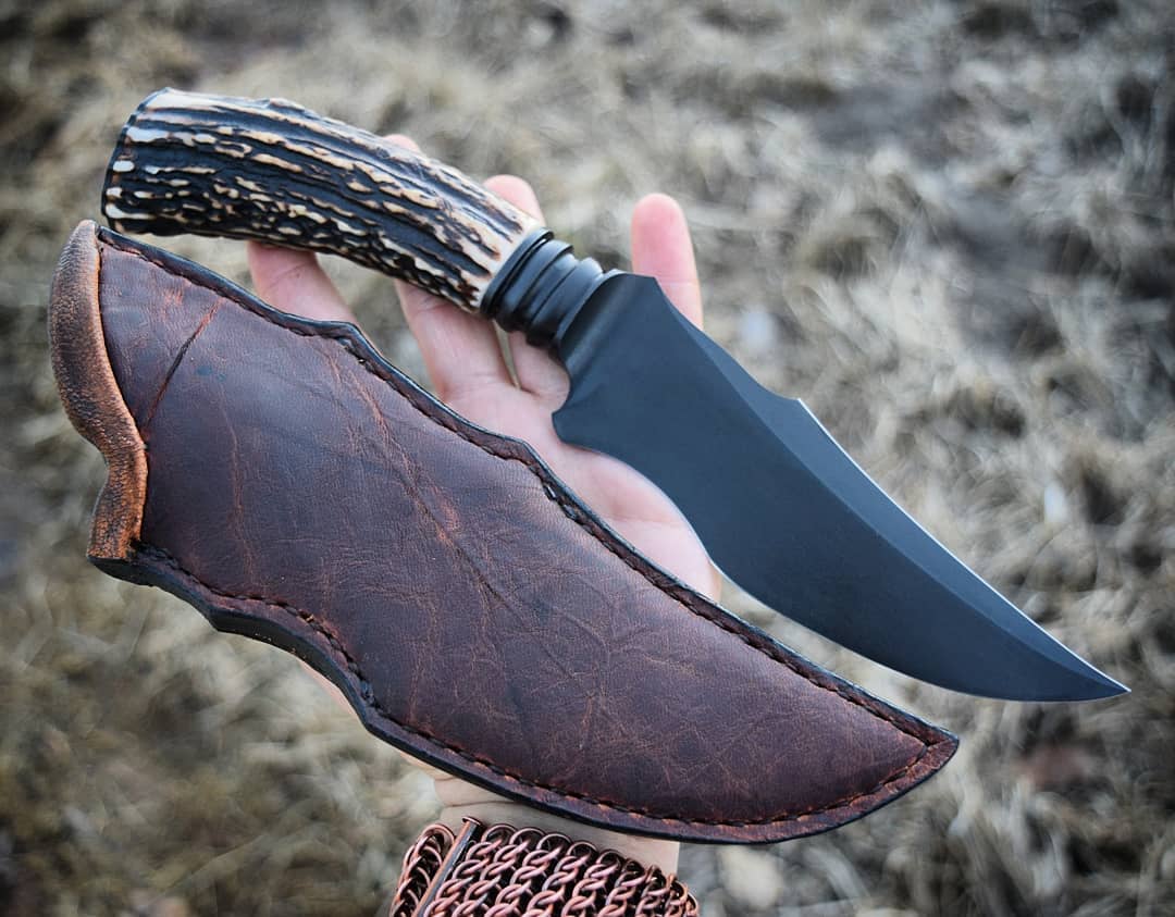 |NB KNIVES| CUSTOM HANDMADE STAG HORN HUNTING KNIFE WITH LEATHER SHEATH - NB CUTLERY LTD