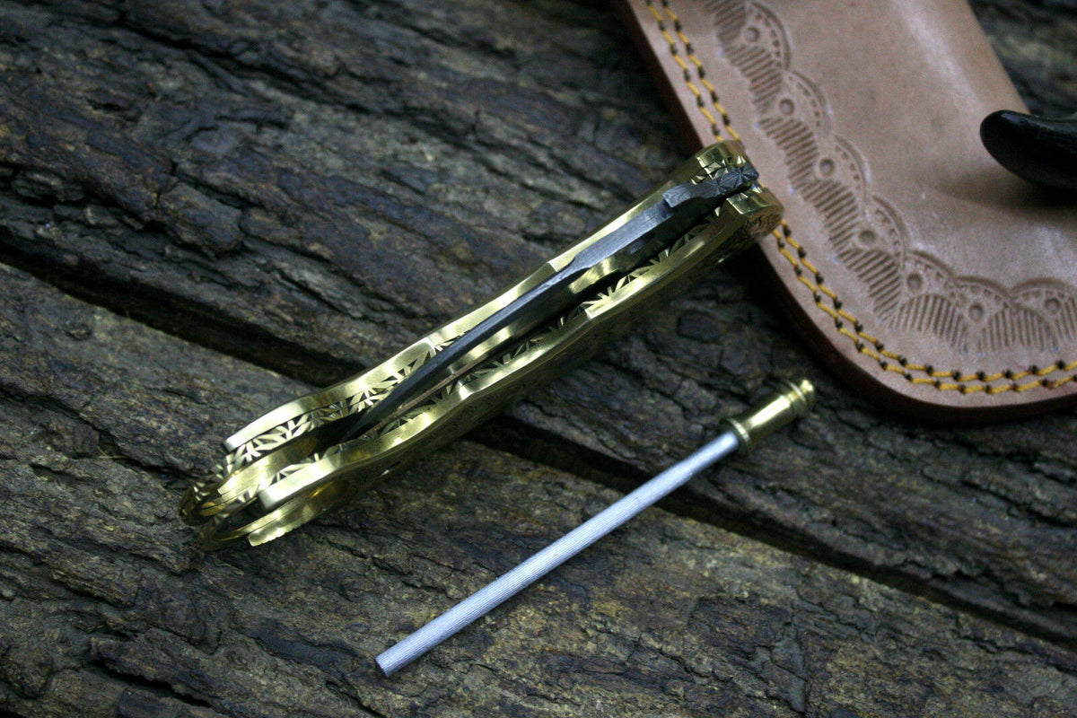 Handmade Damascus Steel Folding Knife with Engraved Brass Handle