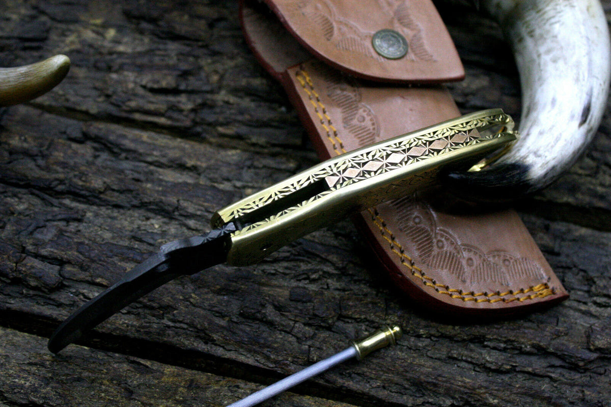 Handmade Damascus Steel Folding Knife with Engraved Brass Handle