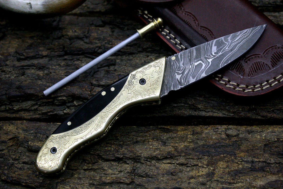 Engraved Brass & Buffalo Horn Handle Damascus Folding Knife with Cowhide Leather Sheath