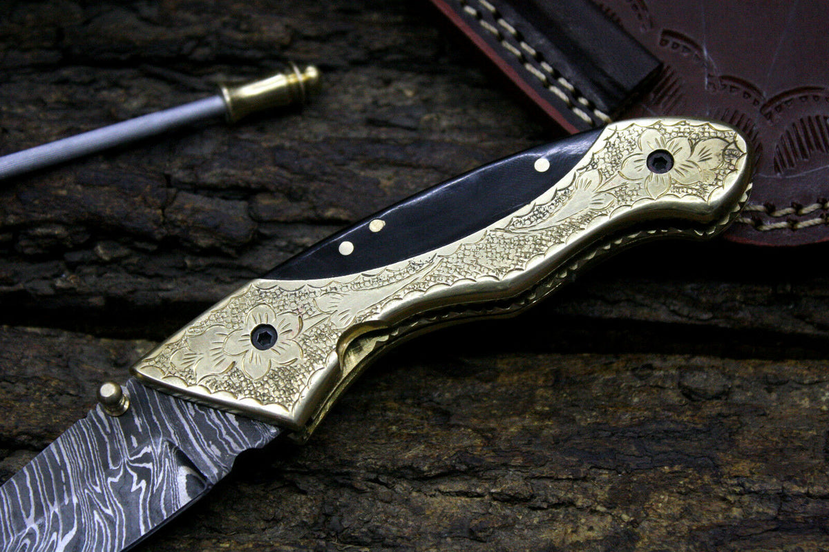Engraved Brass & Buffalo Horn Handle Damascus Folding Knife with Cowhide Leather Sheath