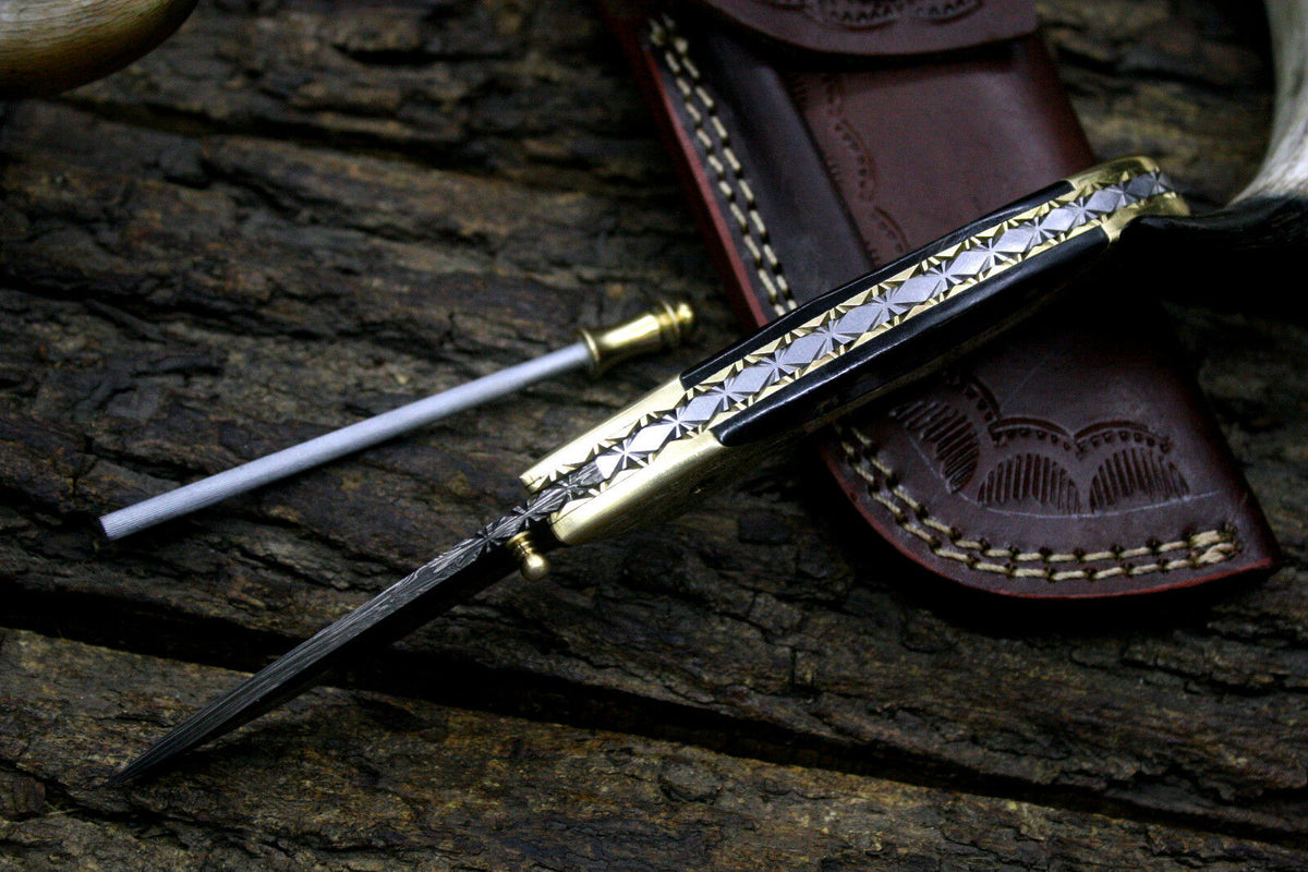 Engraved Brass & Buffalo Horn Handle Damascus Folding Knife with Cowhide Leather Sheath
