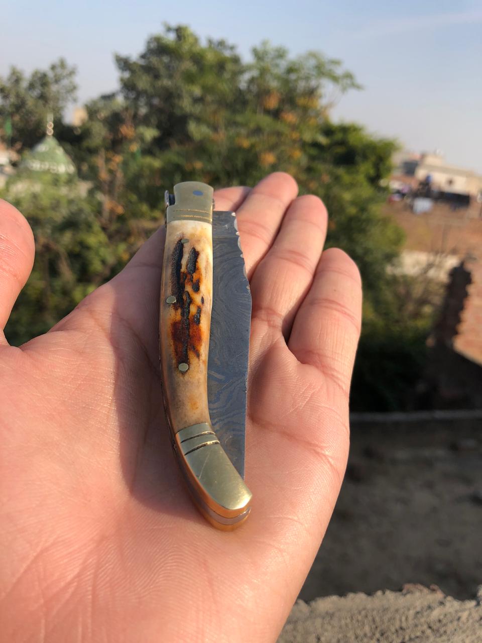CUSTOM HANDMADE DAMASCUS STAG HORN FOLDING KNIFE WITH LEATHER SHEATH