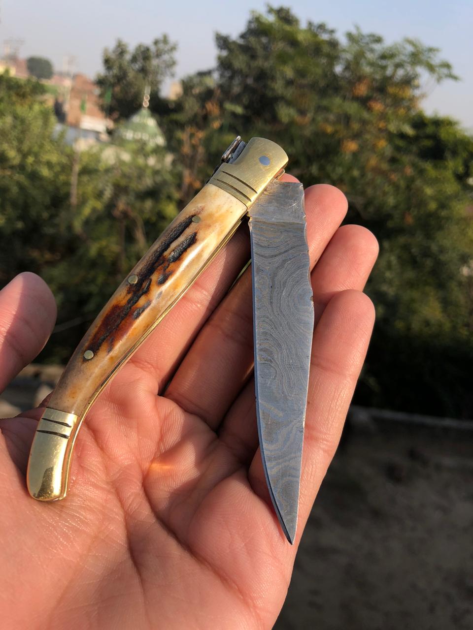 CUSTOM HANDMADE DAMASCUS STAG HORN FOLDING KNIFE WITH LEATHER SHEATH