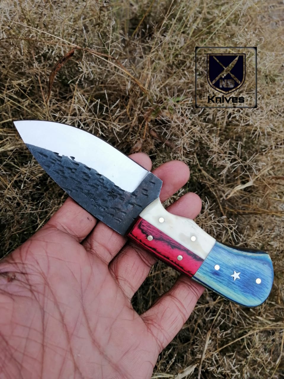 CUSTOM HAND FORGED TEXAS HANDLE HUNTING KNIFE HANDLE CAMEL BONE AND HARDWOOD ,Brass Pins