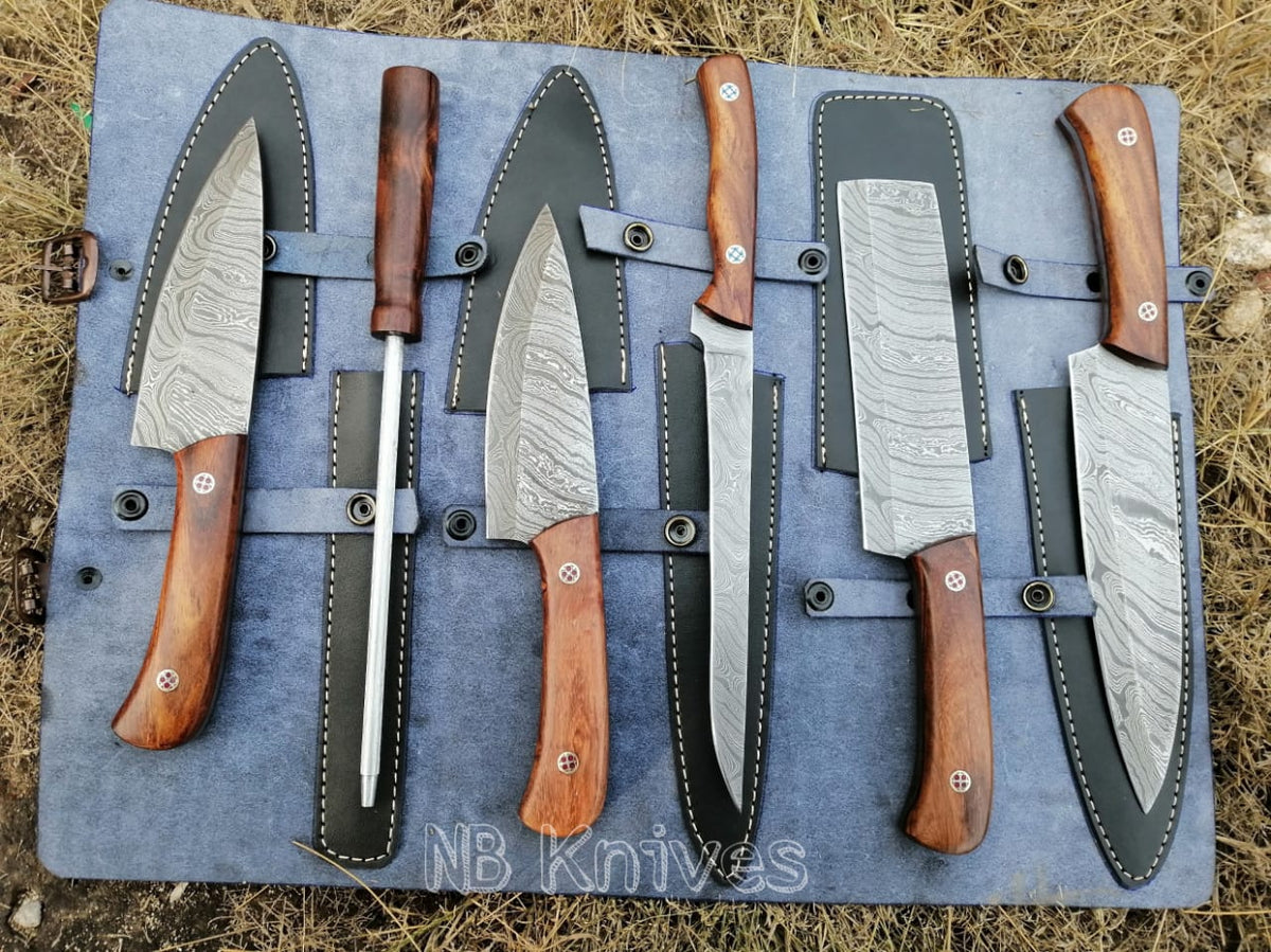 HM-(Brown) Custom Made Damascus Steel #6 Pcs of Professional Utility  Kitchen knives Set Comes with Sweet Leather Roll Kit (3712)