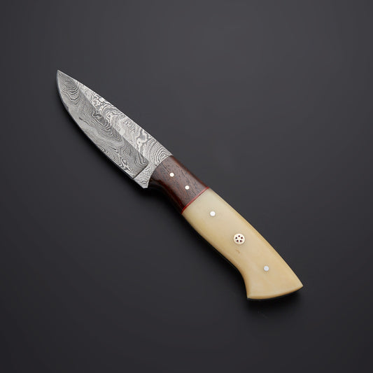 CUSTOM HANDMADE DAMASCUS HUNTING KNIFE Handle Materials: Camel Bone + Rose Wood