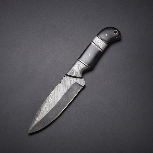 Full Tang Damascus Skinner Knife with Buffalo Horn Handle & Leather Sheath