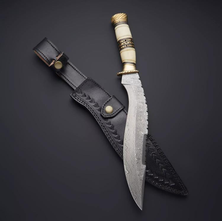 Custom Handmade Damascus Steel Kukri Knife with Bone & Horn Handle