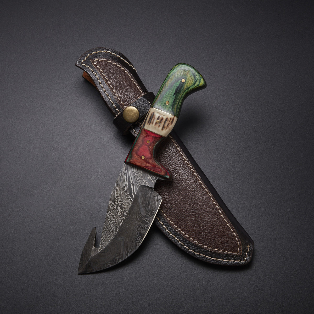 Handmade Damascus Guthook Knife with Stag Horn & Pakka Wood Handle