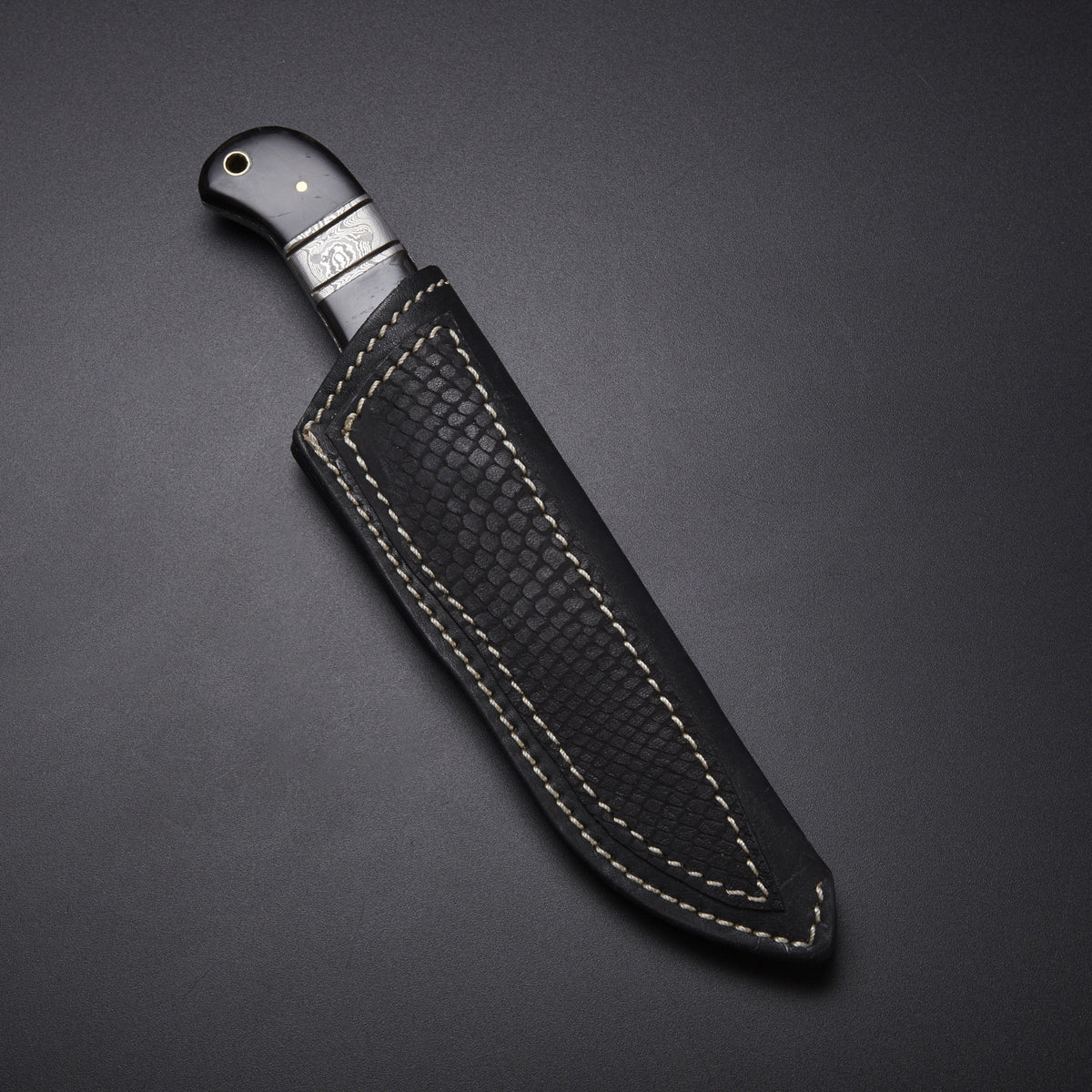 Full Tang Damascus Skinner Knife with Buffalo Horn Handle & Leather Sheath