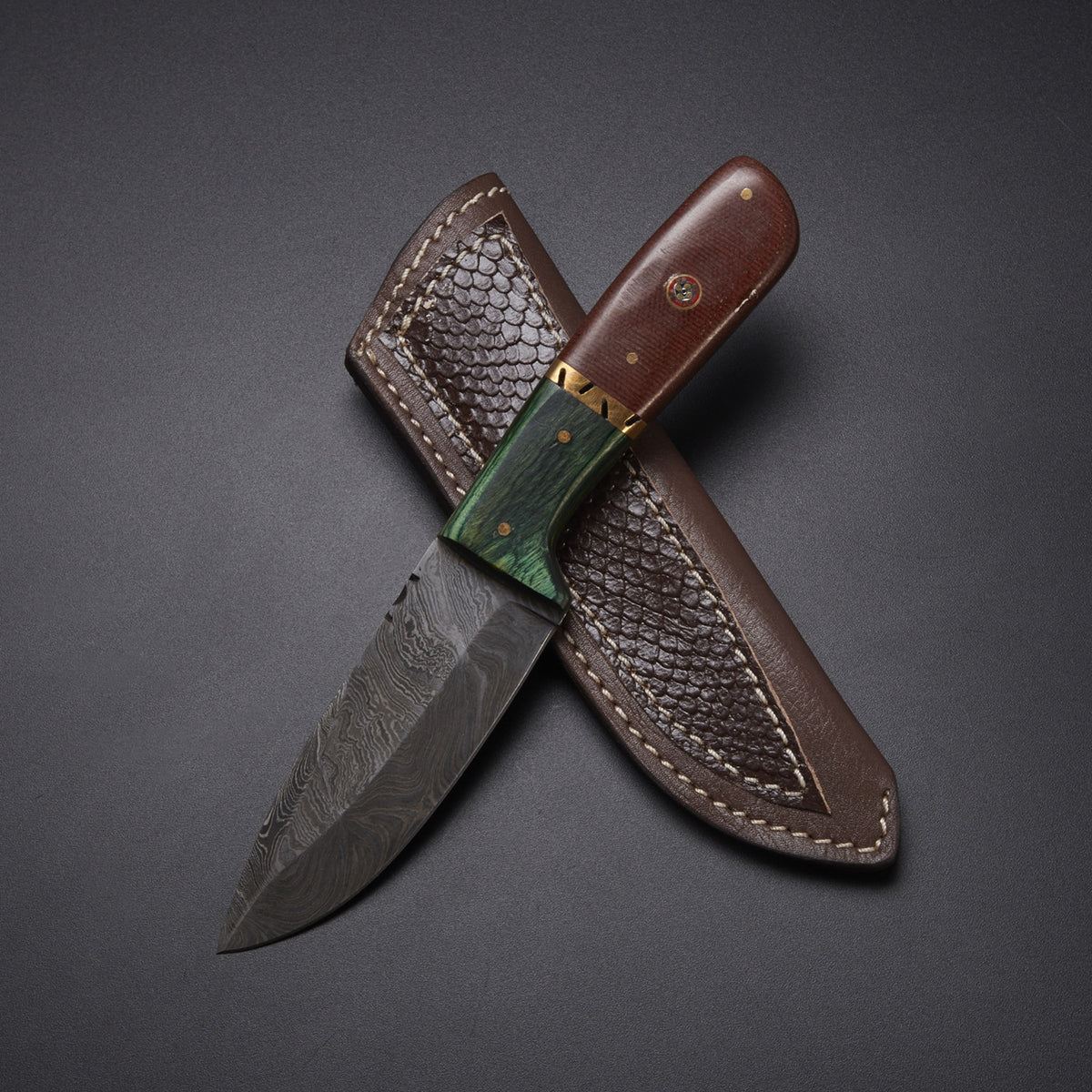 Handmade Damascus Steel Skinner Knife with Micarta Handle, Pakka Wood Bolster & Leather Sheath