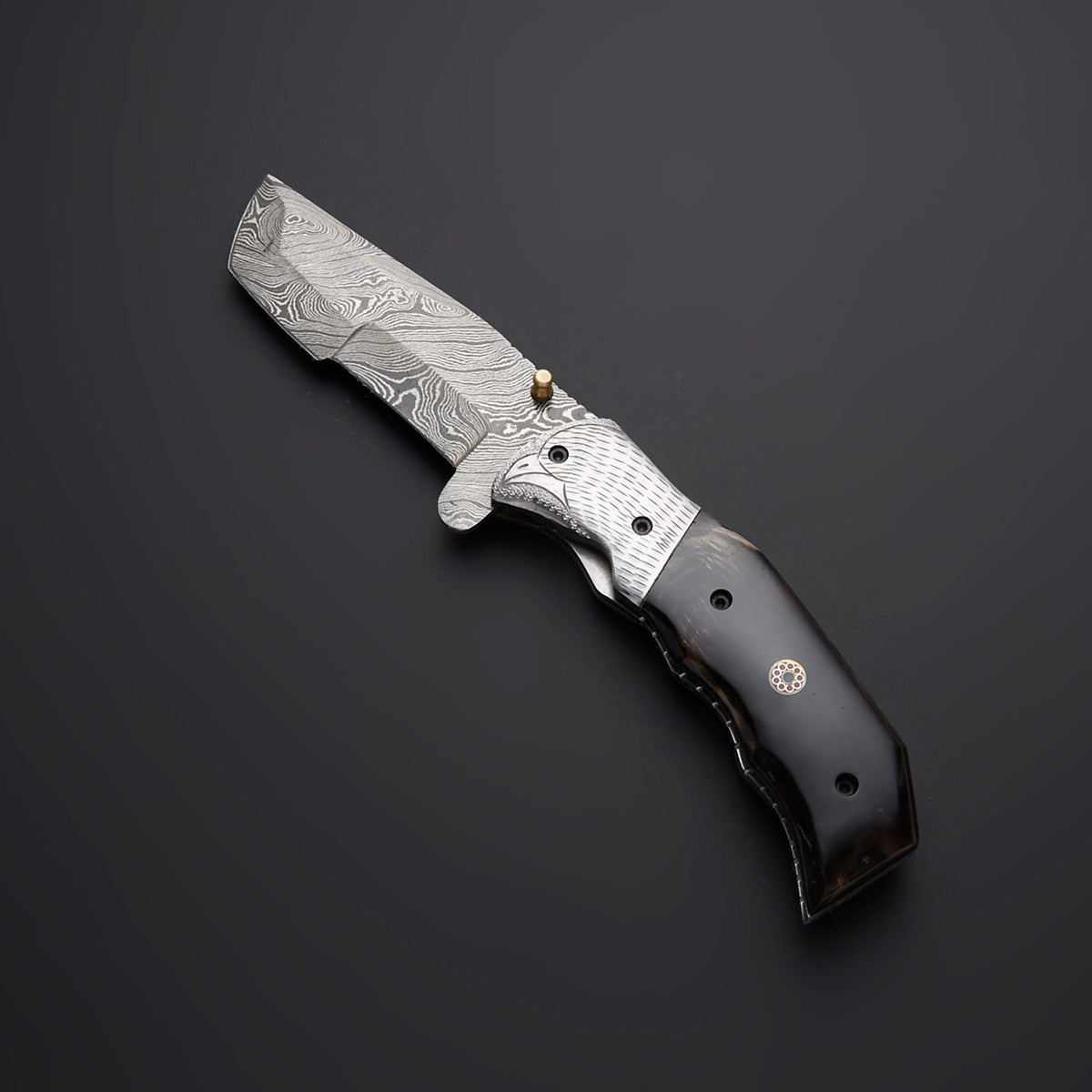 CUSTOM HANDMADE DAMASCUS FOLDING KNIFE WITH LEATHER SHEATH