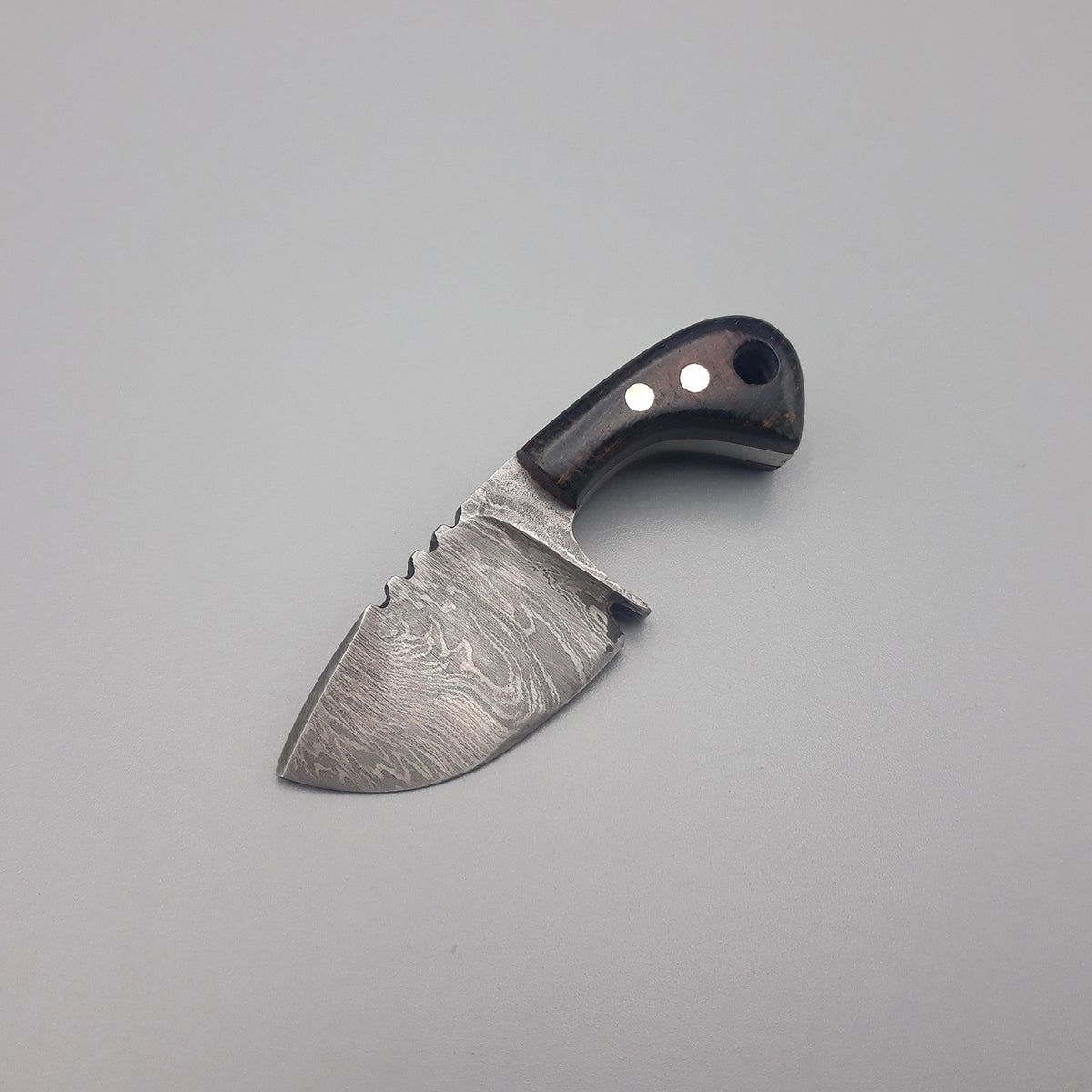 Damascus Steel Nick Skinner Knife with Spanish Micarta Handle & Leather Sheath