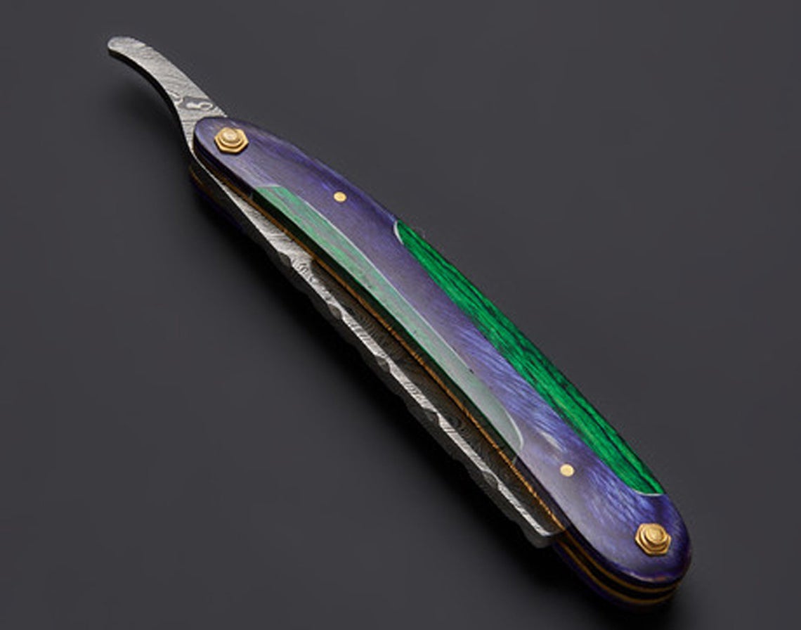 |NB KNIVES| CUSTOM HANDMADE DAMASCUS STRAIGHT RAZOR WITH LEATHER SHEATH