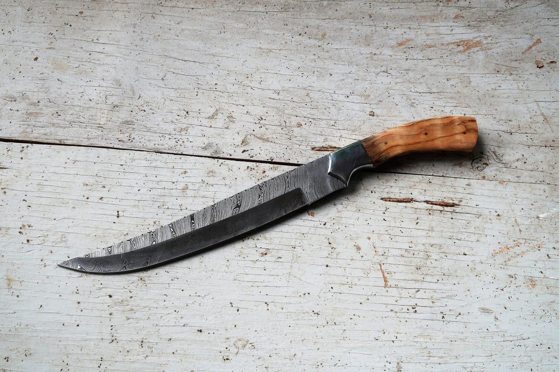 Damascus Steel Fillet Knife with Natural Olive Wood & Damascus Bolster