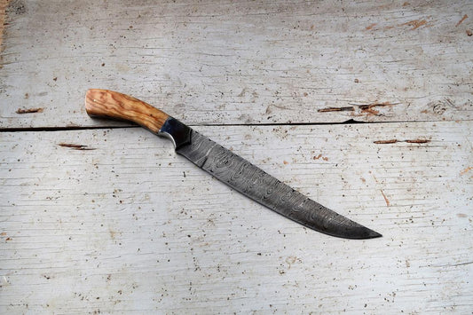 Damascus Steel Fillet Knife with Natural Olive Wood & Damascus Bolster