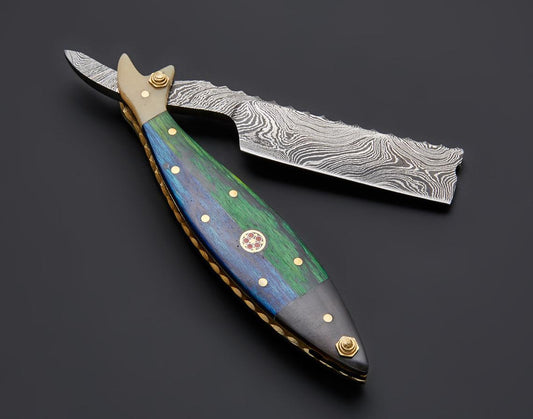 |NB KNIVES| CUSTOM HANDMADE DAMASCUS STRAIGHT RAZOR WITH LEATHER SHEATH
