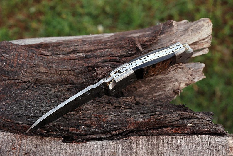 CUSTOM HANDMADE DAMASCUS POCKET KNIFE WITH LEATHER SHEATH
