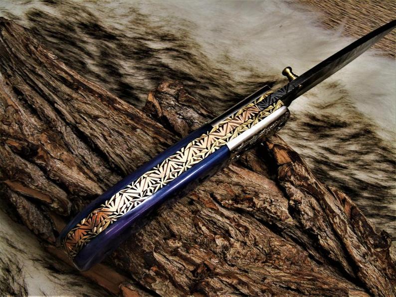 Dyed Bone Handle Damascus Folding Knife with Brass Bolster & Leather Sheath