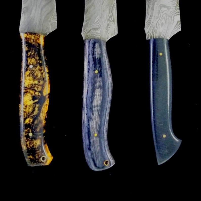 Custom Handmade Damascus Steel Lot Of 3 Hunting Knife Handle Rezon/Hardwood With Leather Sheaths Premium hunting skinner blade Collector’s Damascus skinning knife