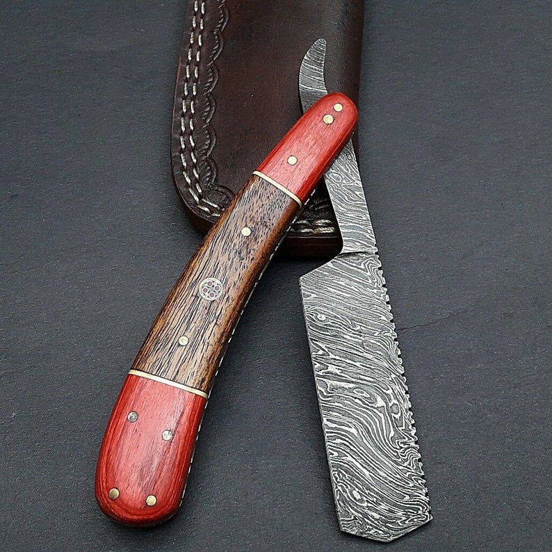 Handmade Damascus Steel Razor with Rosewood & Walnut Handle