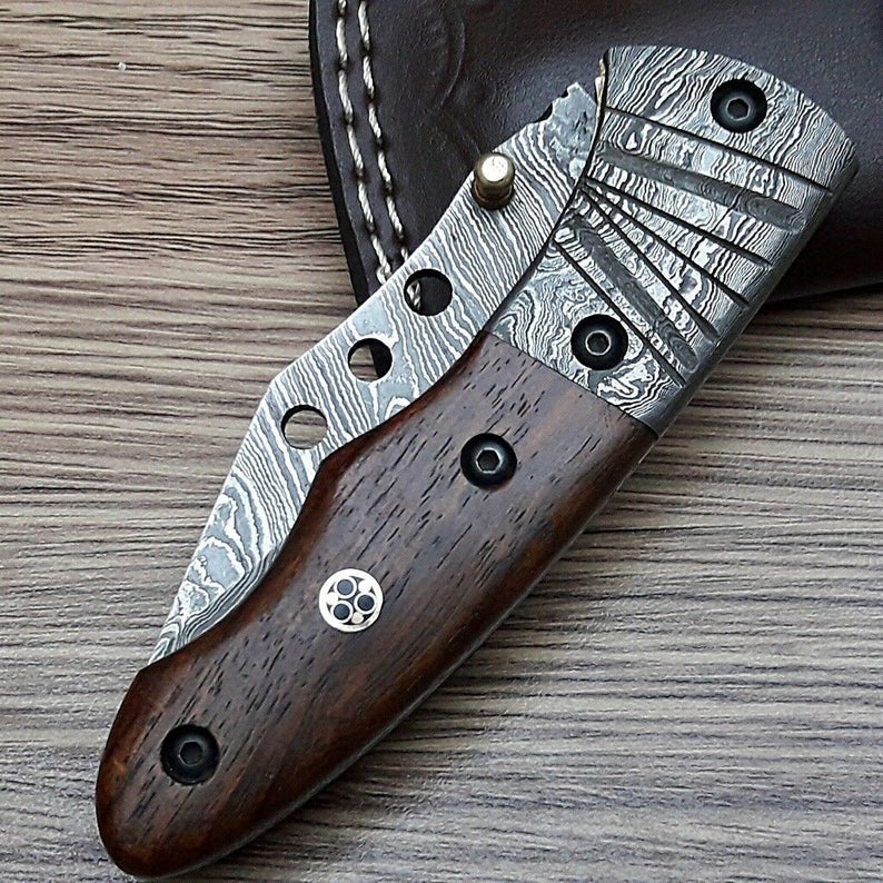 Walnut Wood Handle Damascus Folding Knife with Damascus Steel Bolster & Leather Sheath