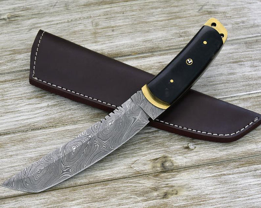 Custom, 12", tactical Tanto knife, damascus knife, Tanto point, hunting knife w/ Buffalo horn scales, brass liner, beautiful twist Damascus