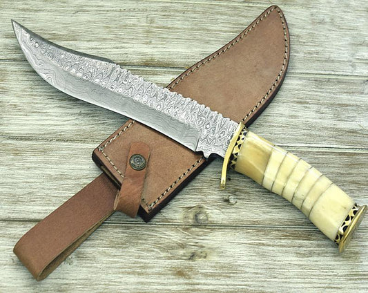 Handcrafted Damascus Hunting Knife with Camel Bone Handle, Brass Guard & Pommel