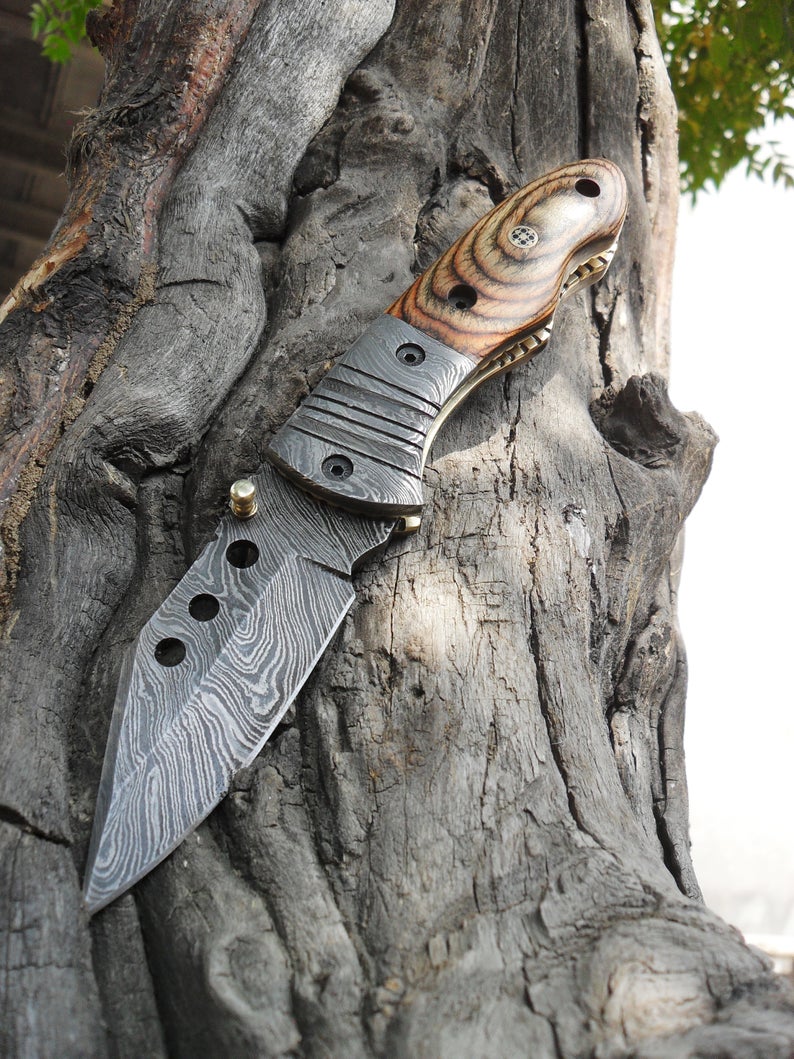 Damascus Steel Folding Pocket Knife with Pakka Wood Handle