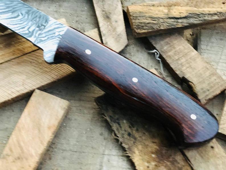 Damascus Fish Fillet Knife with Rosewood Handle & Leather Sheath