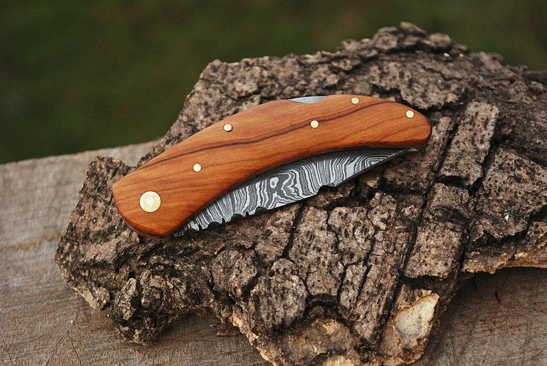 |NB KNIVES| CUSTOM HANDMADE DAMASCUS POCKET KNIFE WITH LEATHER SHEATH