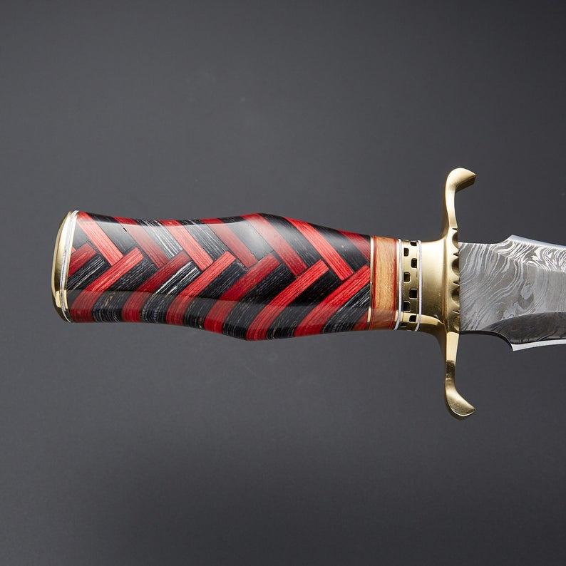 Handcrafted Damascus Steel Hunting Knife with Colored Wood Handle & Brass Pommel