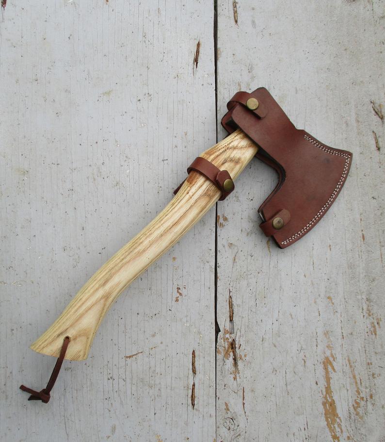|NB KNIVES| CUSTOM HANDMADE DAMASCUS STEEL AXE WITH LEATHER SHEATH