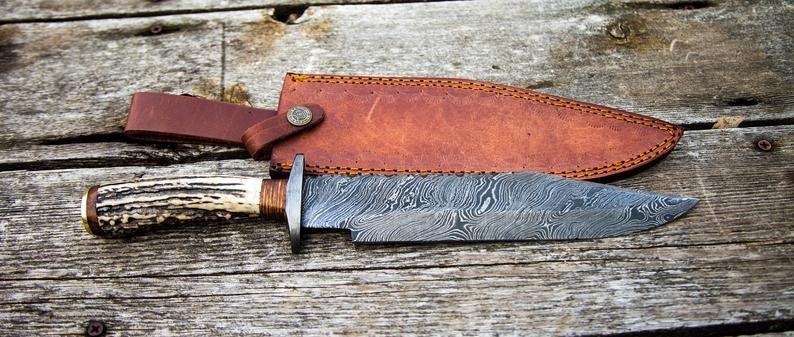 Stag Horn Damascus Hunting Knife with Rosewood Spacer & Leather Sheath