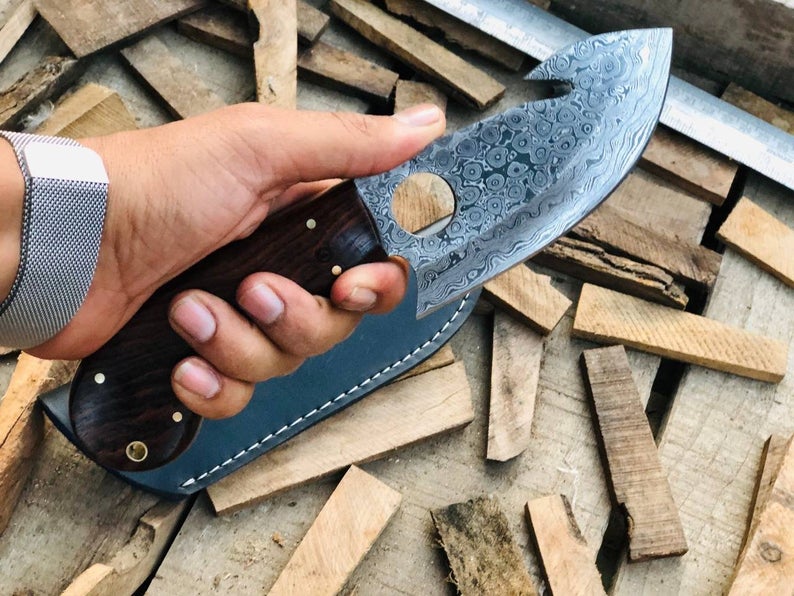 Damascus Steel Guthook Knife with Rosewood Handle & Leather Sheath