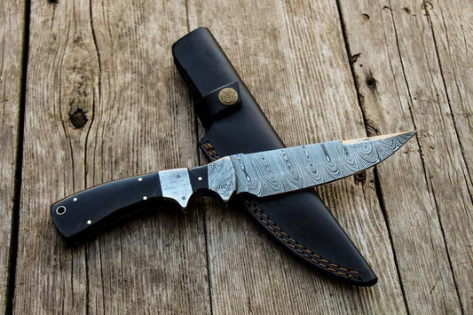 Custom Handmade Damascus Skinner Knife with Pakka Wood Handle & Leather Sheath