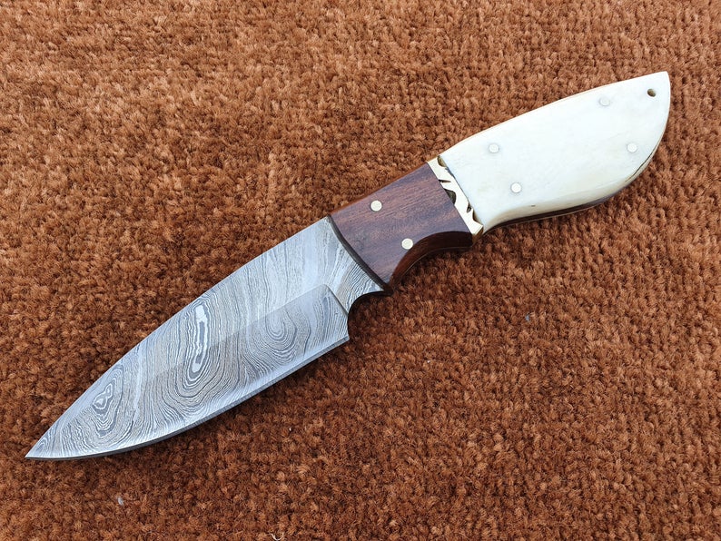 Camel Bone Damascus Skinner with Rosewood Bolster & Leather Sheath