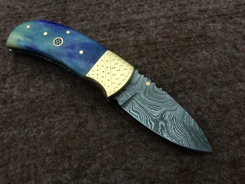 |NB KNIVES| CUSTOM HANDMADE DAMASCUS POCKET KNIFE WITH LEATHER SHEATH