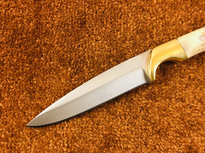 D2 Steel Hunting Knife with Stag Horn Handle & Leather Sheath
