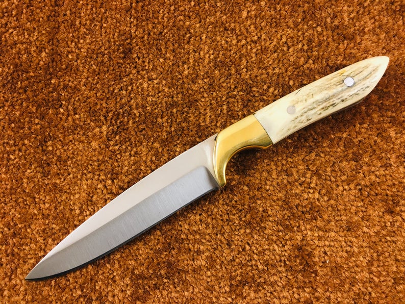 D2 Steel Hunting Knife with Stag Horn Handle & Leather Sheath