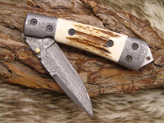 |NB KNIVES| CUSTOM HANDMADE DAMASCUS STAG HORN FOLDING KNIFE WITH POCKET CLIP