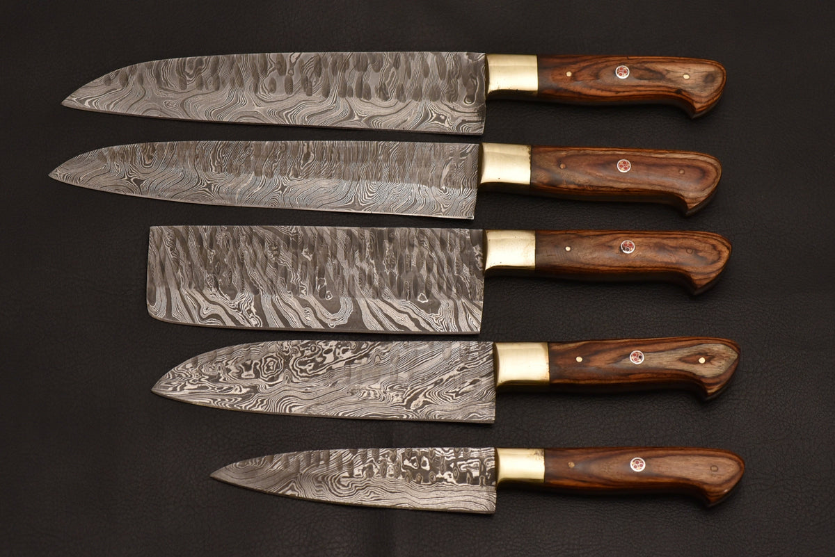Custom Handmade Damascus Steel 5 Pcs Chef Set Handle Natural Wood With Leather Roll Kit - NB CUTLERY LTD