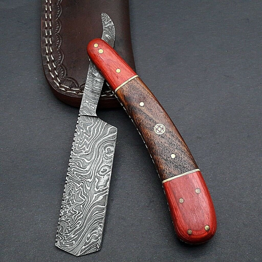 Handmade Damascus Steel Razor with Rosewood & Walnut Handle