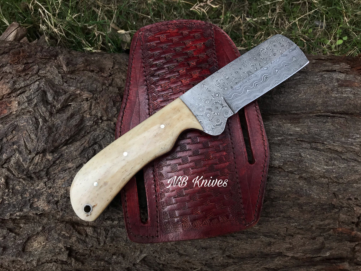 Camel Bone Handle Damascus Cowboy Bull Cutter Knife with Leather Sheath